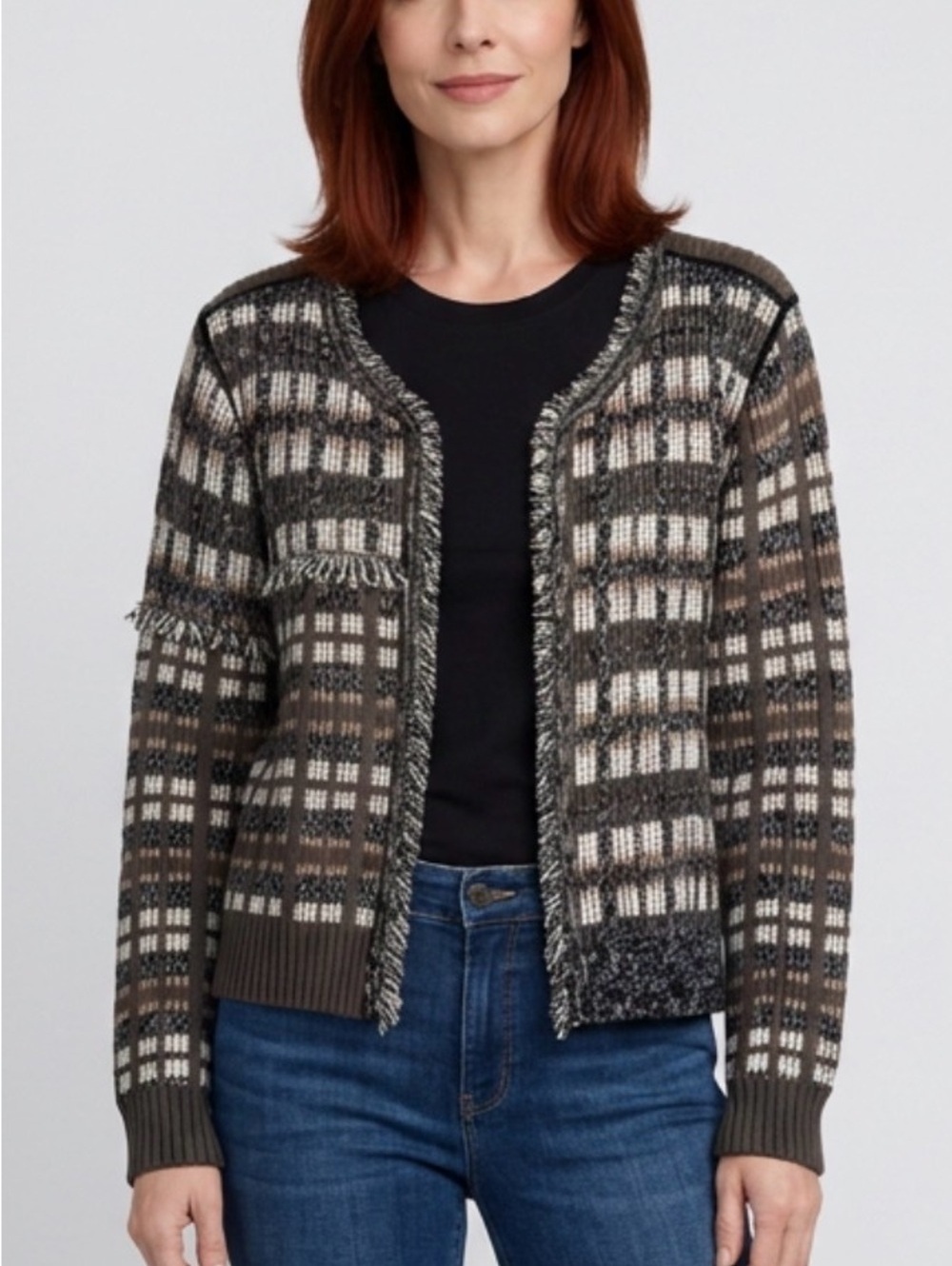 CAbi Classic Cardigan Large Plaid Fringe Open Front 100% Cotton